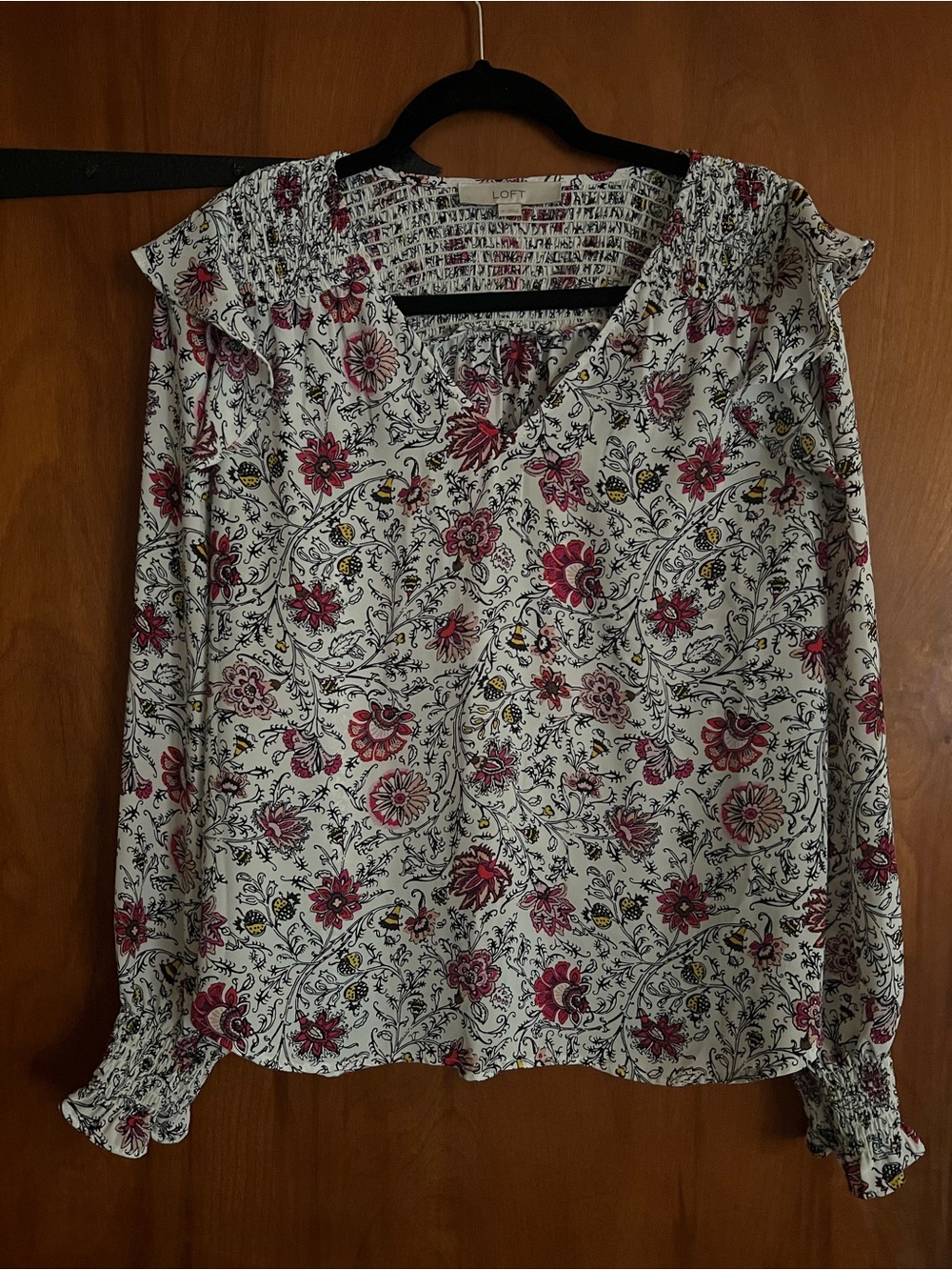 LOFT White Floral V-Neck Blouse with Pink and Yellow Accents